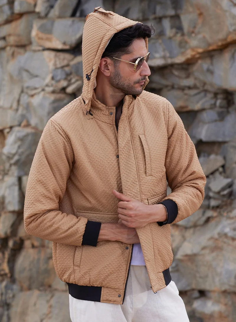 كامبوس سوترا جاكيت رجالي مبطن بيج بتصميم ماسي ذاتي مع غطاء رأس صوف