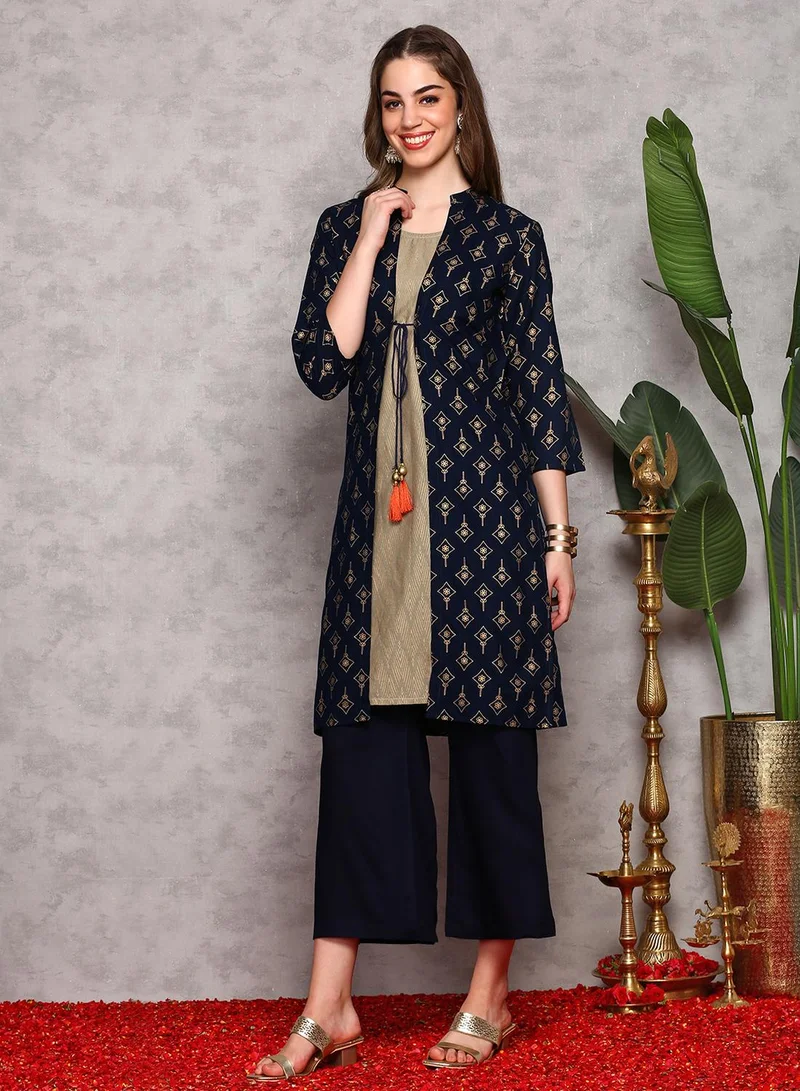 آي شين Women's Teal Blue And Green 100% Cotton Printed Straight Fit Kurta Set