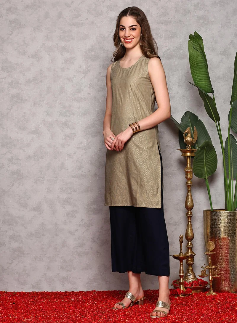 آي شين Women's Teal Blue And Green 100% Cotton Printed Straight Fit Kurta Set