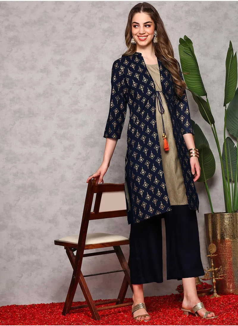 ISHIN Straight Fit Printed Pattern Round Neck Three-Quarter Sleeves Teal Blue And Green Colour Woven Cotton Kurta Set for Women with Semi Elastic Closure - An Ideal Pick for Any Occasion