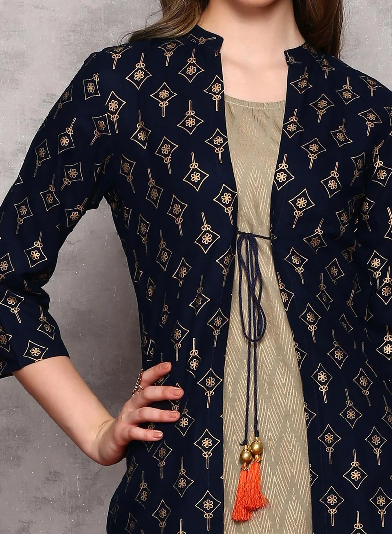 آي شين Women's Teal Blue And Green 100% Cotton Printed Straight Fit Kurta Set