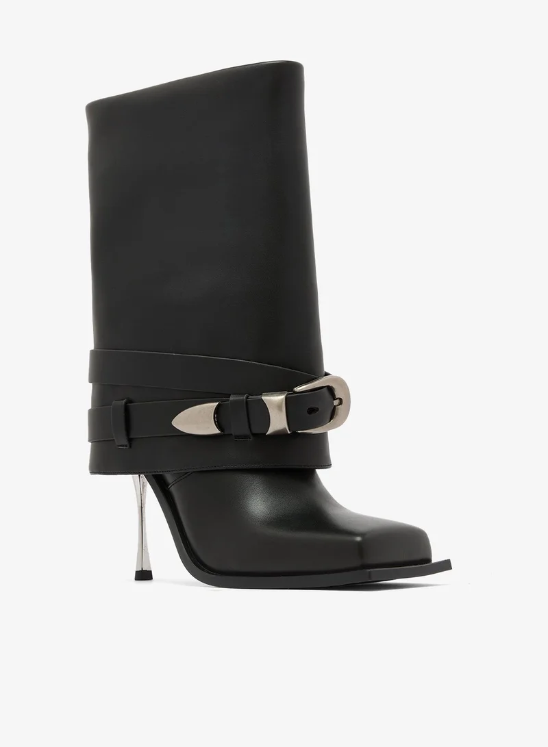 Jw Pei Black Emilia Western Buckled Leather Boots for Women | Best Price UAE