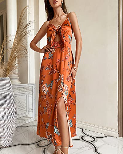 Fashionme Women Spaghetti Strap Midi Satin Dresses Tie Front Backless Split Summer Casual Floral Dress Hollow Flowy Slip Dress Sundresses Wedding Guest Beach Cocktail Graduation Orange - Image 3
