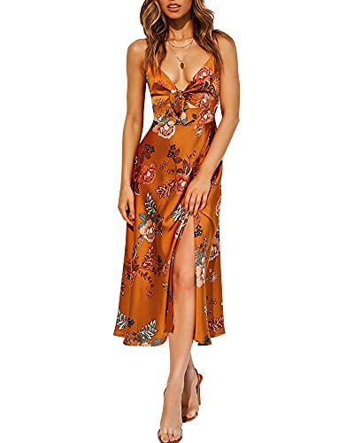 Fashionme Women Spaghetti Strap Midi Satin Dresses Tie Front Backless Split Summer Casual Floral Dress Hollow Flowy Slip Dress Sundresses Wedding Guest Beach Cocktail Graduation Orange - Image 1