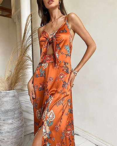 Fashionme Women Spaghetti Strap Midi Satin Dresses Tie Front Backless Split Summer Casual Floral Dress Hollow Flowy Slip Dress Sundresses Wedding Guest Beach Cocktail Graduation Orange - Image 5