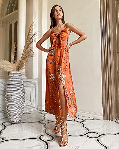 Fashionme Women Spaghetti Strap Midi Satin Dresses Tie Front Backless Split Summer Casual Floral Dress Hollow Flowy Slip Dress Sundresses Wedding Guest Beach Cocktail Graduation Orange - Image 2