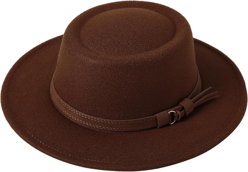 Lanzom Women Vintage Wide Brim Warm Wool Fedora Hat Belt Panama Hat Felt Jazz Hat - Image 1
