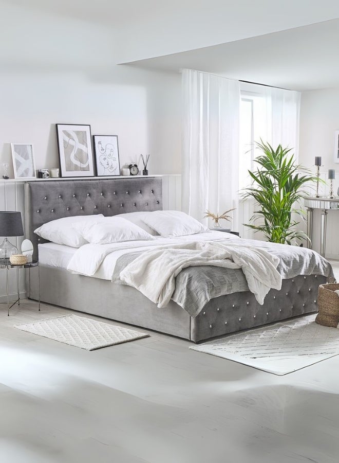 Bed and Mattress Home Oasis Tufted Upholstered Queen Size ( Mattress Size 150 X 200 CM ) Grey Color Bed Size 216 W X 158 L CM ( Mattress Sold Separately )  - Image 1