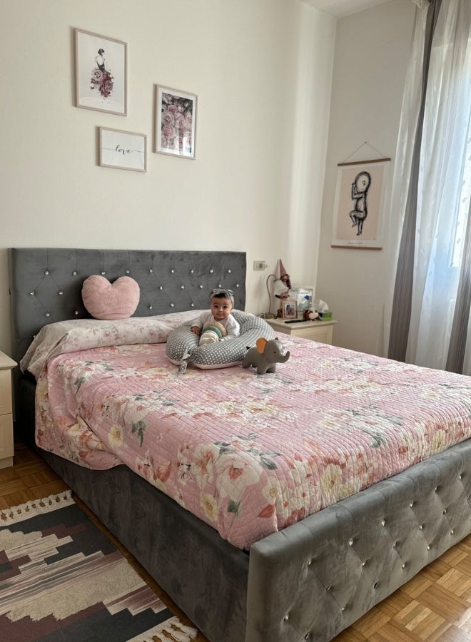 Bed and Mattress Home Oasis Tufted Upholstered Queen Size ( Mattress Size 150 X 200 CM ) Grey Color Bed Size 216 W X 158 L CM ( Mattress Sold Separately )  - Image 2