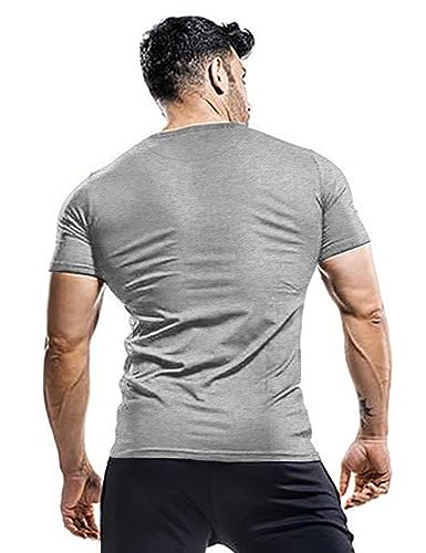palglg Mens Short Sleeve Cotton Muscle Slim Fitted Sport Henley T-Shirt with Button Grey M - Image 2