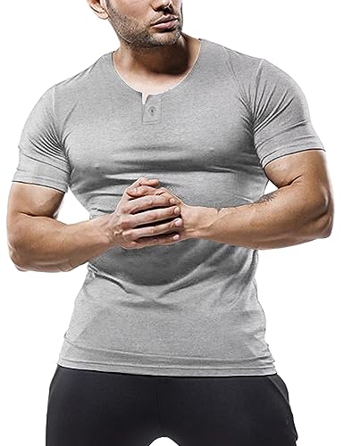 palglg Mens Short Sleeve Cotton Muscle Slim Fitted Sport Henley T-Shirt with Button Grey M - Image 1