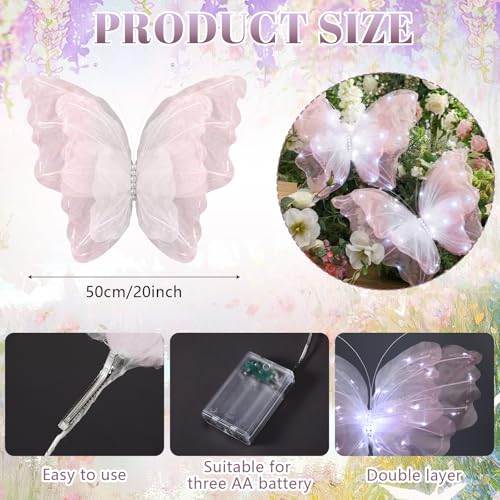 Yinkin 2 Pcs 20 Inch Large LED Butterfly Decorations Mariposas Grandes para Decoracion Giant Light up 3D Hanging Butterflies for Wedding Birthday Baby Shower Decor Gradient Pink - Image 3