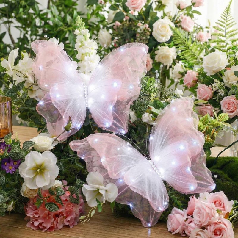 Yinkin 2 Pcs 20 Inch Large LED Butterfly Decorations Mariposas Grandes para Decoracion Giant Light up 3D Hanging Butterflies for Wedding Birthday Baby Shower Decor Gradient Pink - Image 2