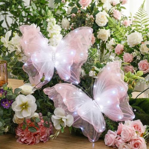 Yinkin 2 Pcs 20 Inch Large LED Butterfly Decorations Mariposas Grandes para Decoracion Giant Light up 3D Hanging Butterflies for Wedding Birthday Baby Shower Decor Gradient Pink - Image 1