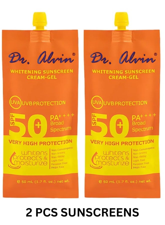 Dr. Alvin Pack of 2 Whitening Sunscreen Gel Cream SPF 50 Plus PA + Broad Spectrum Sun Block Face and Body Suitable for Oily and Acne Prone Skin Lightweight Non Greasy 50ml Each - Image 1