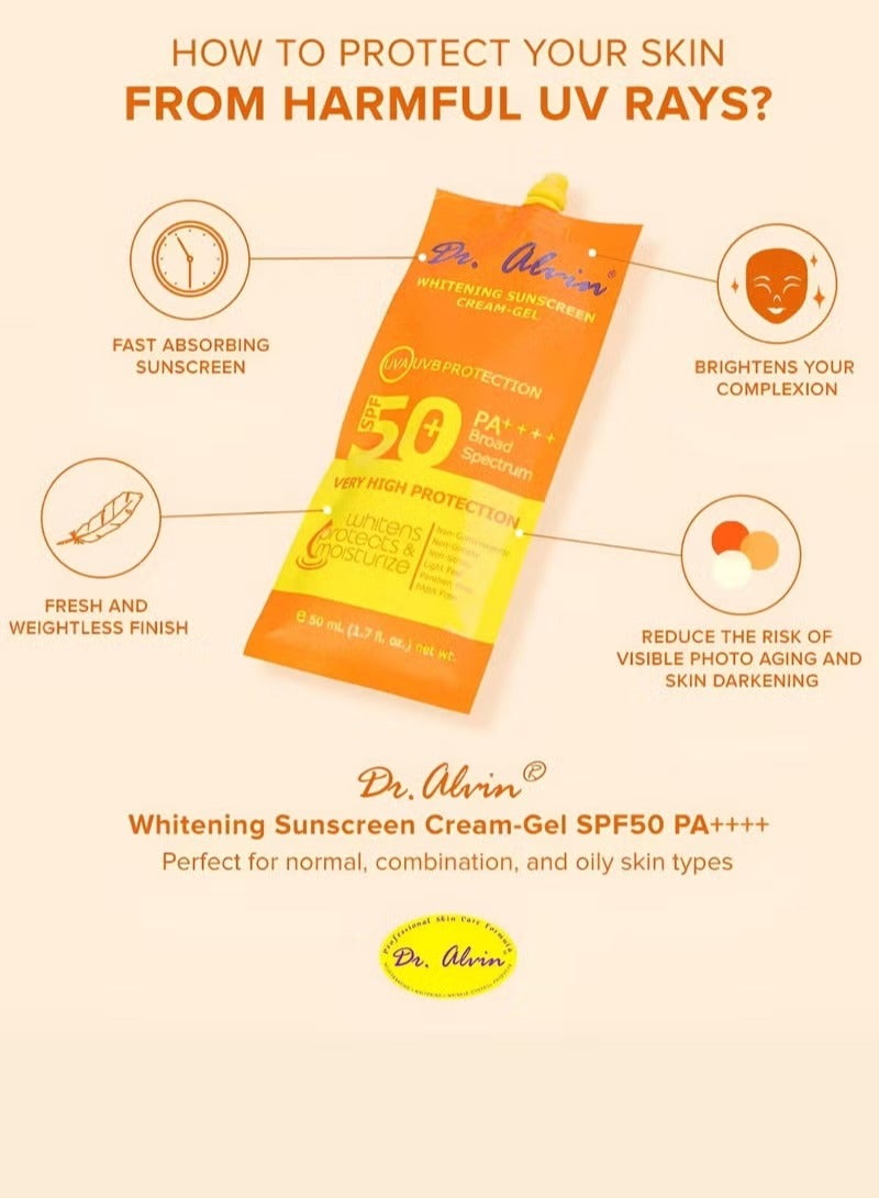 Dr. Alvin Pack of 2 Whitening Sunscreen Gel Cream SPF 50 Plus PA + Broad Spectrum Sun Block Face and Body Suitable for Oily and Acne Prone Skin Lightweight Non Greasy 50ml Each - Image 4