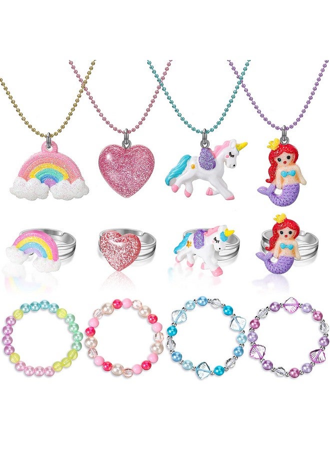 Sureio 12 Pcs Girls Necklaces Bracelets And Rings Set With Unicorn Mermaid Rainbow Heart Shell Star Pendants Girls Jewelry Set Party Favors Friendship Pretend Dress Up Play Jewelry (Cute Style)  - Image 1