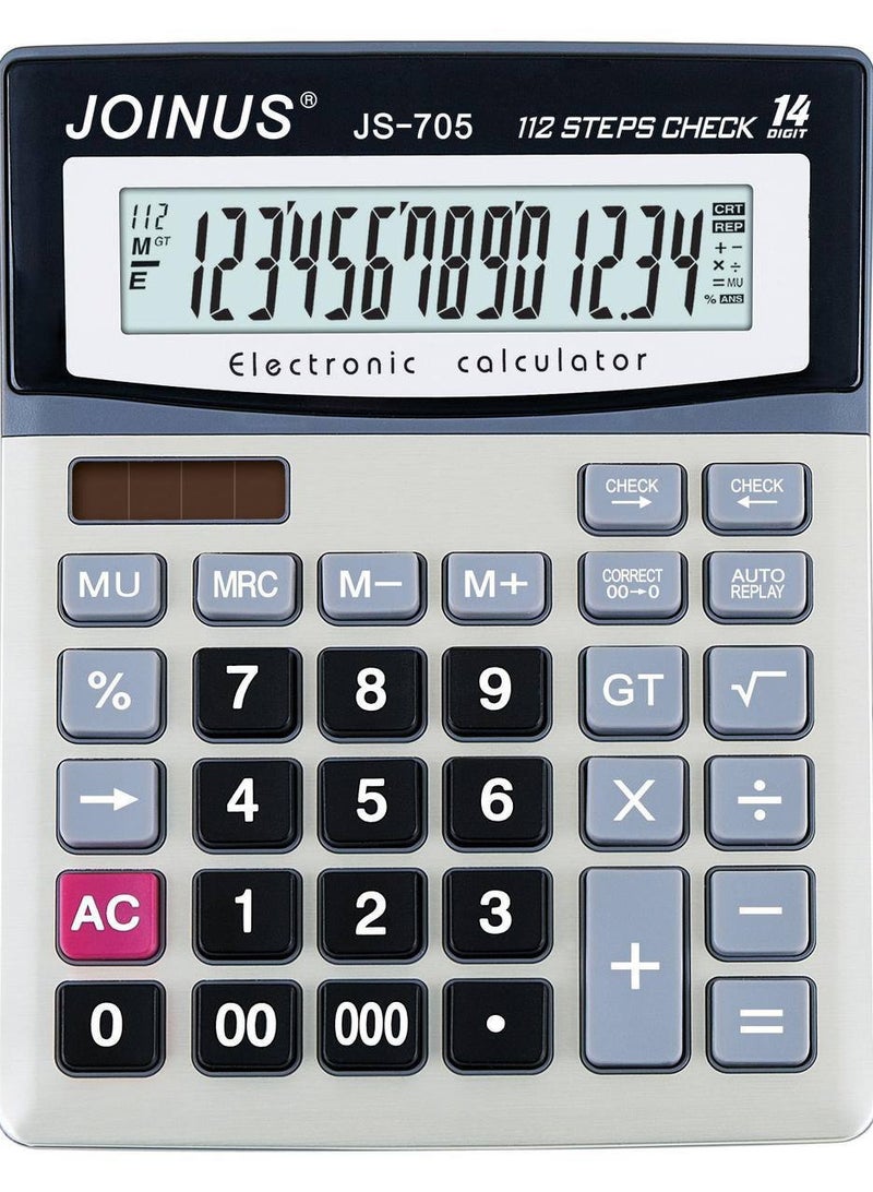 جوين أص آلة حاسبة مكتبية JS-705 بشاشة كبيرة 14 خانة – 112 خطوة مراجعة وتصحيح، تعمل بالطاقة الشمسية والبطارية، أزرار كبيرة، بطارية إضافية، إعادة تشغيل تلقائية – مثالية للمنزل والمكتب والأعمال والمالية - Image 1
