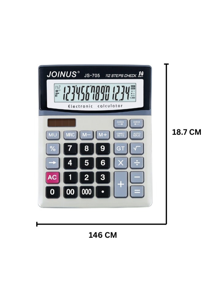 جوين أص آلة حاسبة مكتبية JS-705 بشاشة كبيرة 14 خانة – 112 خطوة مراجعة وتصحيح، تعمل بالطاقة الشمسية والبطارية، أزرار كبيرة، بطارية إضافية، إعادة تشغيل تلقائية – مثالية للمنزل والمكتب والأعمال والمالية - Image 4