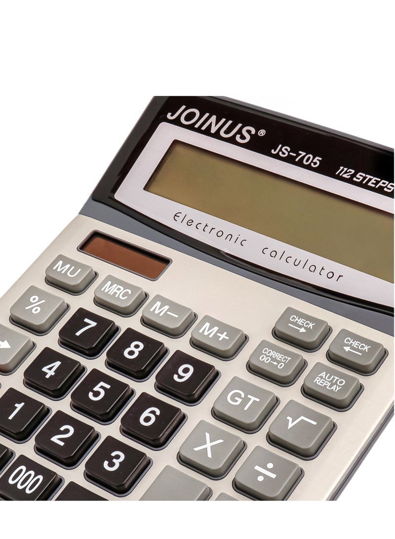 جوين أص آلة حاسبة مكتبية JS-705 بشاشة كبيرة 14 خانة – 112 خطوة مراجعة وتصحيح، تعمل بالطاقة الشمسية والبطارية، أزرار كبيرة، بطارية إضافية، إعادة تشغيل تلقائية – مثالية للمنزل والمكتب والأعمال والمالية - Image 5