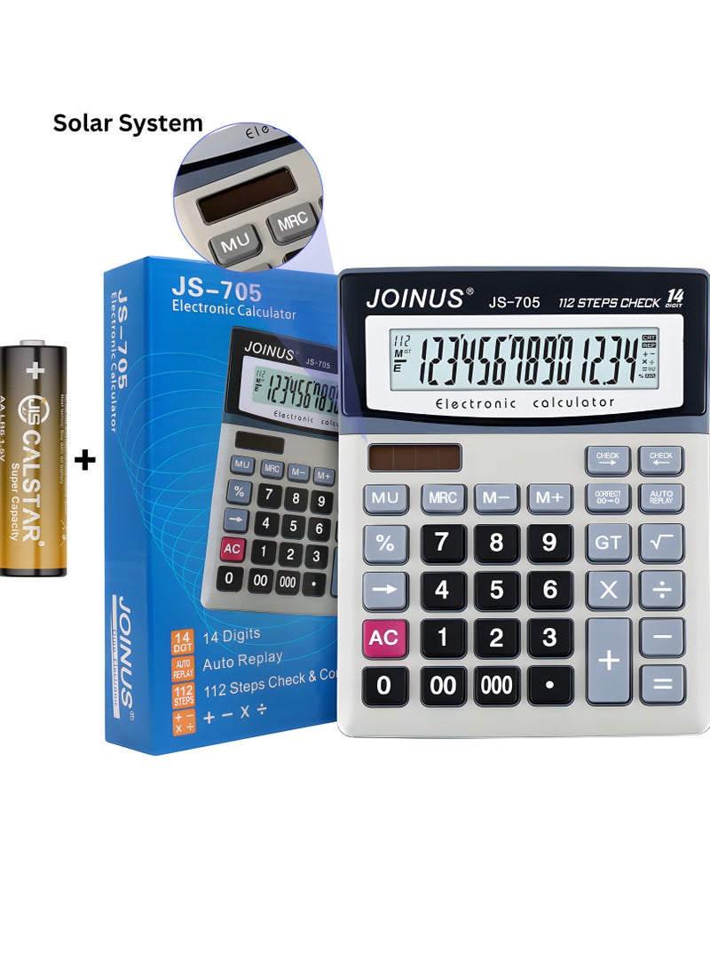 جوين أص آلة حاسبة مكتبية JS-705 بشاشة كبيرة 14 خانة – 112 خطوة مراجعة وتصحيح، تعمل بالطاقة الشمسية والبطارية، أزرار كبيرة، بطارية إضافية، إعادة تشغيل تلقائية – مثالية للمنزل والمكتب والأعمال والمالية - Image 2