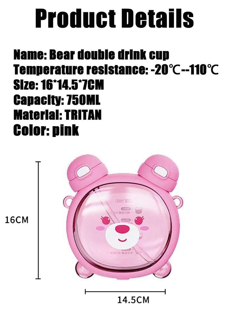 MissTiara Kids Water Bottle with Straw 750ml Double Drinking Cup with Carrier BPA Free Reusable Leak Proof Plastic Beverage Sports Bottle Juice Square Cup Travel Gift Pink - Image 2