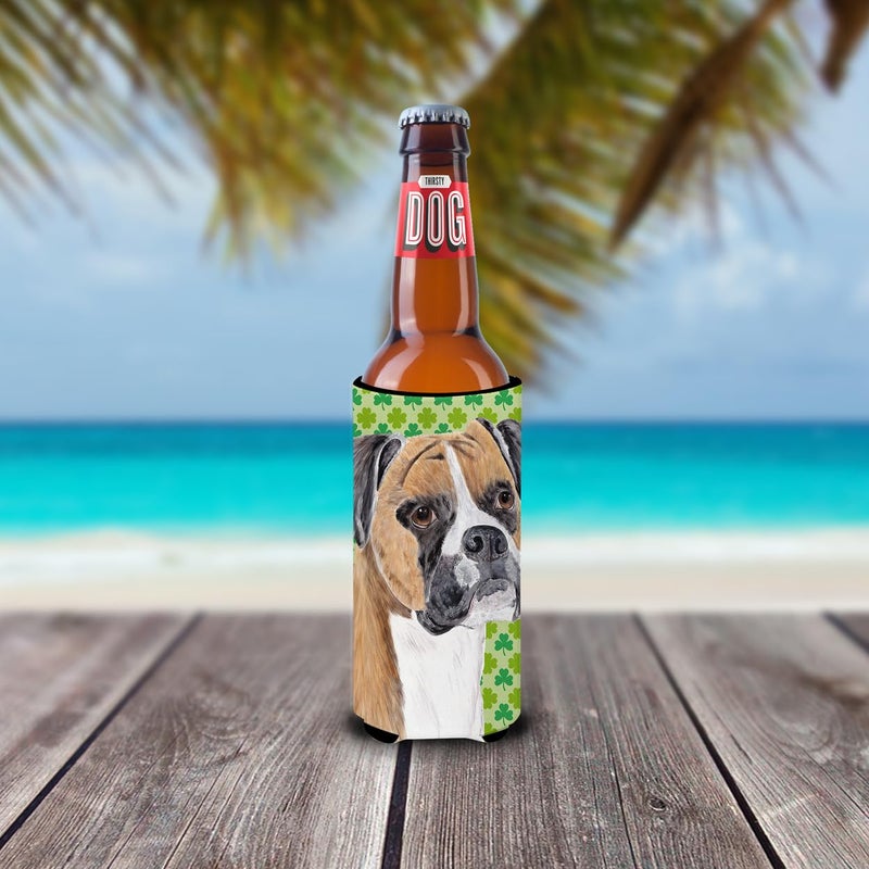 Caroline's Treasures Caroline's Treasures SC9310MUK Boxer St. Patrick's Day Shamrock Portrait Ultra Hugger for slim cans Can Cooler Sleeve Hugger Machine Washable Drink Sleeve Hugger Collapsible Insulator Beverage Insulat  - Image 1