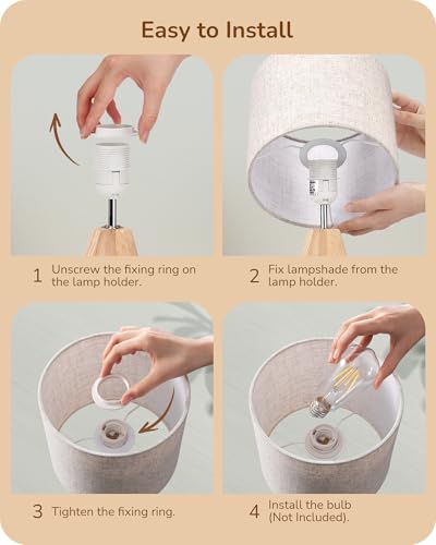 EDISHINE Small Table Lamp, Boho Bedside Lamp with Linen Fabric Shade, Wood Tripod Nightstand Lamp for Nursery, Living Room, Bedroom, Narrow End Table, UL Listed, 14.2 Inch, ON/Off Switch - Image 5