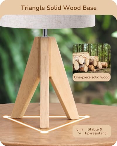 EDISHINE Small Table Lamp, Boho Bedside Lamp with Linen Fabric Shade, Wood Tripod Nightstand Lamp for Nursery, Living Room, Bedroom, Narrow End Table, UL Listed, 14.2 Inch, ON/Off Switch - Image 3