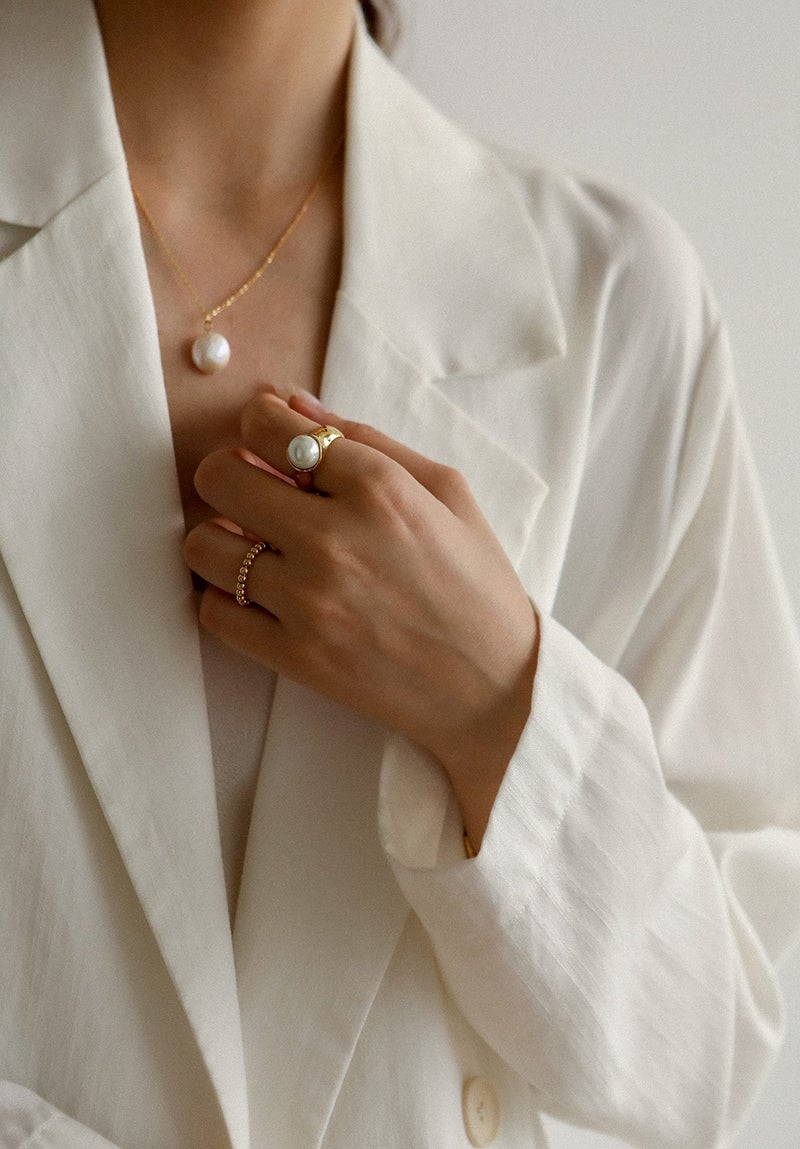 Shapes Studio 18K Gold Plated Vintage Pearl Signet Ring, Gold Rings for Women, Stacking Rings, Gold Band Minimalist Style (8) - Image 4