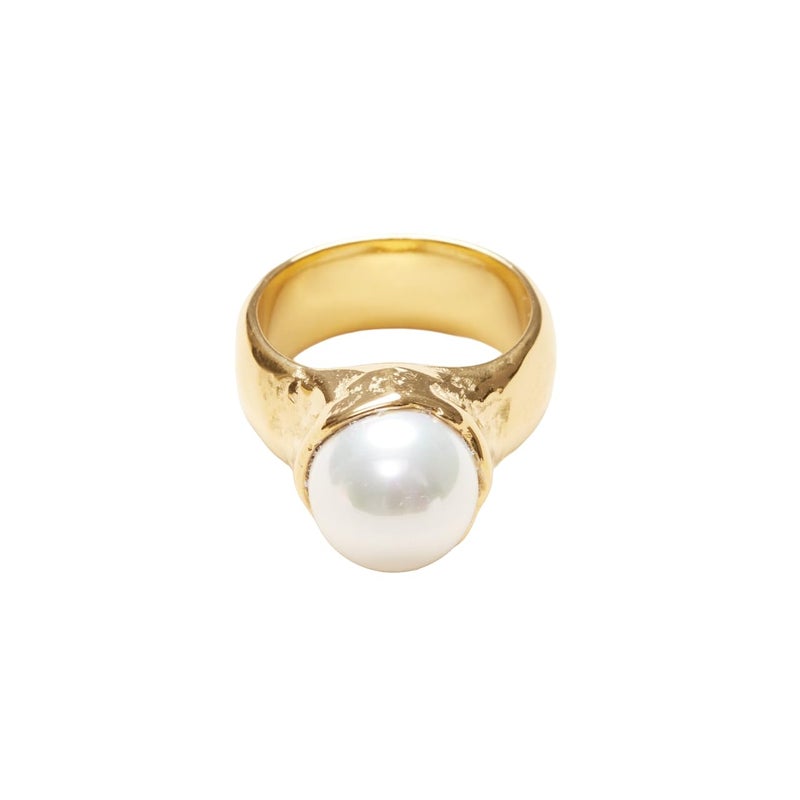 Shapes Studio 18K Gold Plated Vintage Pearl Signet Ring, Gold Rings for Women, Stacking Rings, Gold Band Minimalist Style (8) - Image 1