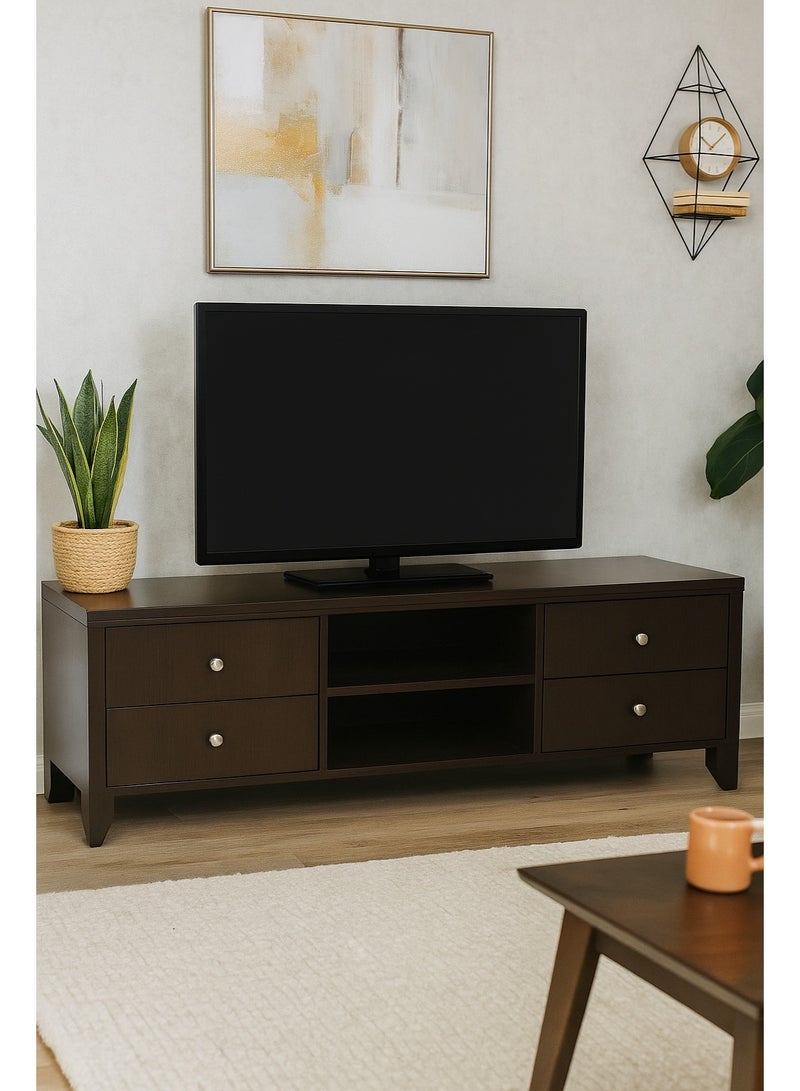 AFT Slim Minimalist Design TV Cabinet/-Table / Mid Century Modern Design TV Cabinet / Table / stand with Four Drawers and Sturdy MDF Frame, Perfect for Modern Living Rooms and Entertainment Spaces, Ideal for Home Theaters and Media Rooms, Offering Stylish Storage Solutions for TVs Up to 65 Inches. Rustic Farmhouse TV Cabinet with Four Drawer, Perfect for Adding Charm to Any Home Décor. Transform your living space with our MDF TV stand featuring four drawers and open shelves—where modern design meets practical functionality. Enjoy movie nights, gaming sessions, and family gatherings in style. (walnut brown) Arfan - Image 1