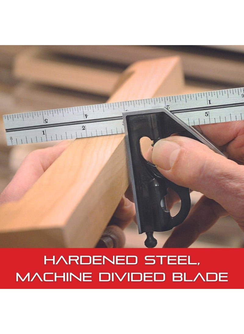 Starrett Starrett Steel Combination Square with Square Head - 12" Blade Length, Cast Iron Heads, Reversible Lock Bolt, Scriber, Spirit Level, 4R Graduation Type - 11H-12-4R  - Image 5