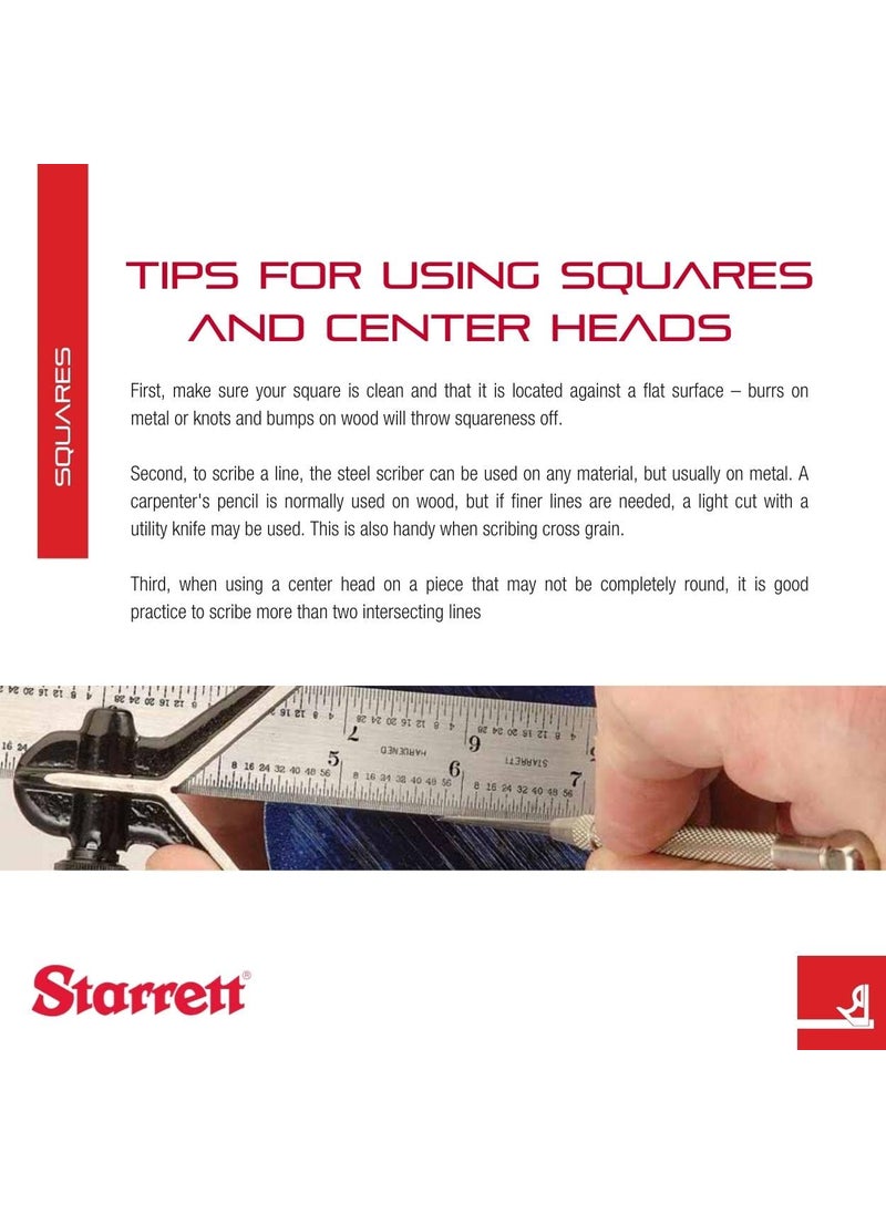Starrett Starrett Steel Combination Square with Square Head - 12" Blade Length, Cast Iron Heads, Reversible Lock Bolt, Scriber, Spirit Level, 4R Graduation Type - 11H-12-4R  - Image 4