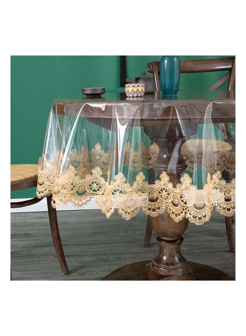 EZdenK 60in Clear Plastic Round Tablecloth Waterproof Vinyl PVC Tablecloth Embroidered Lace Edge Transparent Table Cover for Kitchen Outdoor and Indoor Uses（Yellow lace trim， 150cm） - Image 2