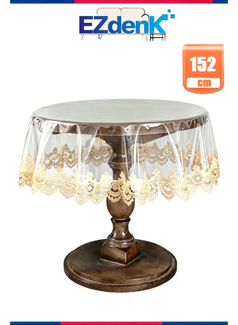 EZdenK 60in Clear Plastic Round Tablecloth Waterproof Vinyl PVC Tablecloth Embroidered Lace Edge Transparent Table Cover for Kitchen Outdoor and Indoor Uses（Yellow lace trim， 150cm） - Image 1