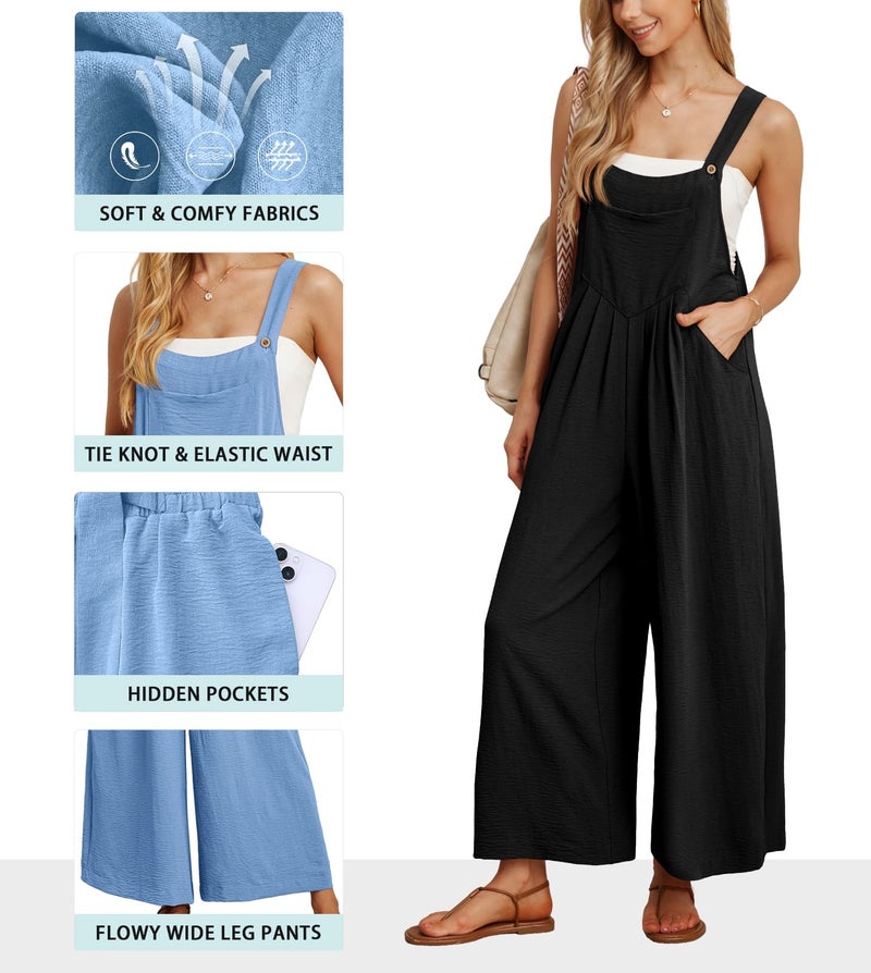 IWOLLENCE Women's Summer Jumpsuits Boho Wide Leg Overalls Casual Loose Rompers with Pockets 2024 Black Small - Image 4