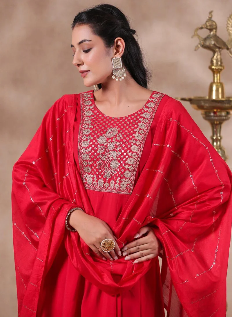 آي شين Women's Ethnic MAGENTA STRAIGHT POLY SILK Kurta Set w Dupatta