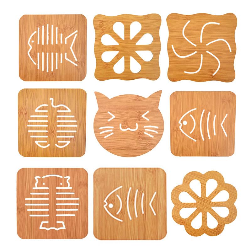 KRIVETY Wooden Coaster Natural Heat Resistant NonSlip Bamboo Trivets Hot Pots Pans Tea Trivet Mat Set Unique Drink Heat Resistant Pad Plates Dishes Counter Creative Teapots Pads Pack of 9 - Image 1