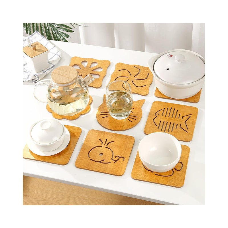 KRIVETY Wooden Coaster Natural Heat Resistant NonSlip Bamboo Trivets Hot Pots Pans Tea Trivet Mat Set Unique Drink Heat Resistant Pad Plates Dishes Counter Creative Teapots Pads Pack of 9 - Image 3