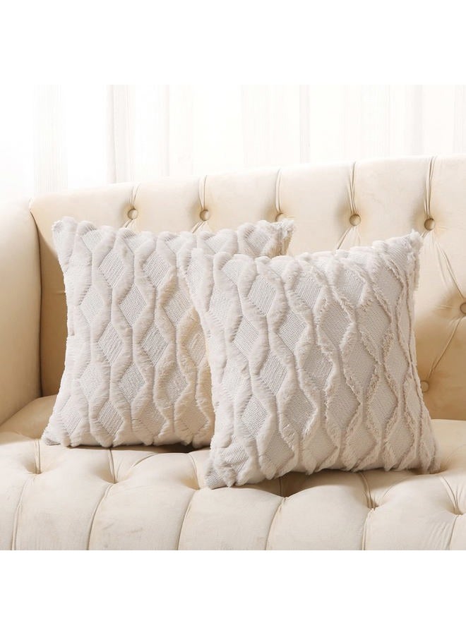 Volcanics Pack of 2 Faux Wool Throw Pillow Covers 18x18 Inches Decorative Farmhouse Velvet Couch Pillow Case Soft Plush Square Boho Cushion Pillowcase, Beige - Image 1