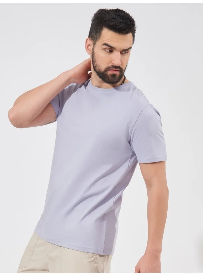 Maniac  Maniac Mens Solid Half Sleeve Round Neck Lavender Cotton Slim Fit T-Shirt for Men | Best Price UAE