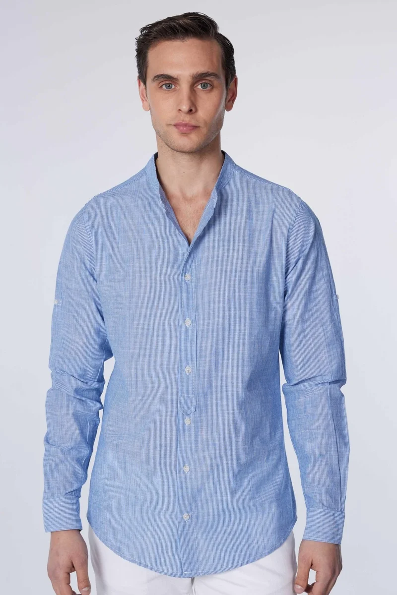 Tudors Slim Fit Long Sleeve Narrow Fit Judge Collar Striped Summer Linen Texture Men's Shirt