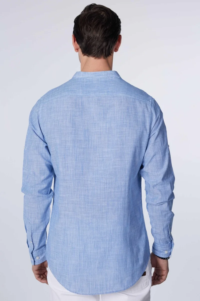 Tudors Slim Fit Long Sleeve Narrow Fit Judge Collar Striped Summer Linen Texture Men's Shirt