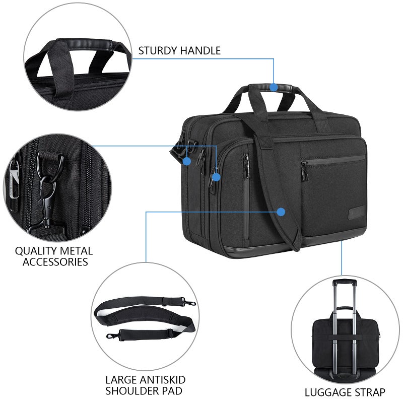 VANKEAN Laptop Briefcase for Men Women, 17.3 Inch Laptop Bag Water Repellent & Expandable Messenger Bag with Strap, Premium Shoulder Bag Womens Briefcase Computer Bag for Travel/Business, Black - Image 3