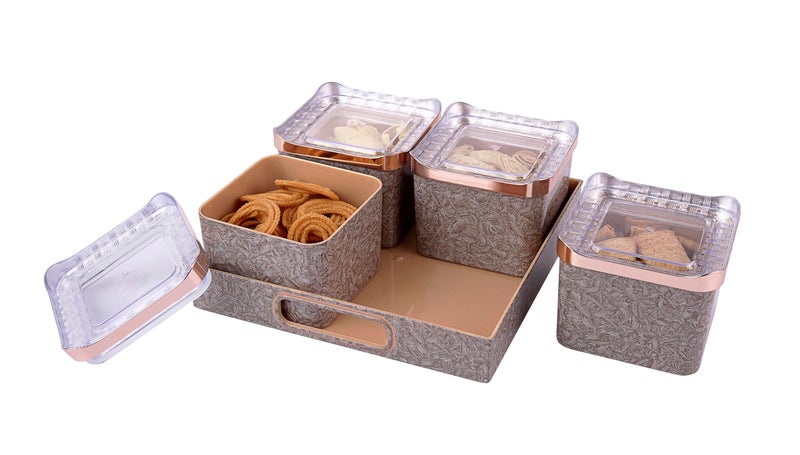 Nabhya Century 4pc Airtight Dry Fruit Containers Set With Lid & Serving Tray, Dry Fruit Box for Serving Sweets, Chocolates, Candy, Pickle, Mukhwas, Kitchen Accessories Items (Beige, Pack of 4) - Image 2