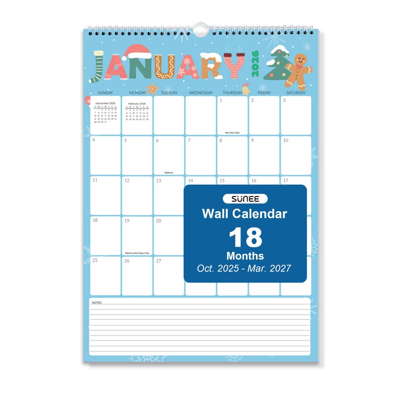 SUNEE Calendar 2026 18 Months Wall Calendar Oct. 2025 - Mar. 2027, 12"x17" Big Hanging Calendar 2026 with Note, Past Month and Next Month for Organizing & Planning, Cute - Image 1