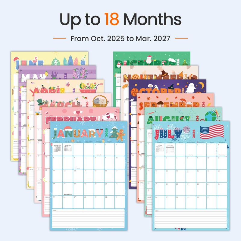 SUNEE Calendar 2026 18 Months Wall Calendar Oct. 2025 - Mar. 2027, 12"x17" Big Hanging Calendar 2026 with Note, Past Month and Next Month for Organizing & Planning, Cute - Image 4