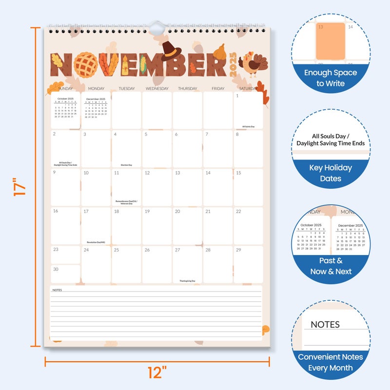 SUNEE Calendar 2026 18 Months Wall Calendar Oct. 2025 - Mar. 2027, 12"x17" Big Hanging Calendar 2026 with Note, Past Month and Next Month for Organizing & Planning, Cute - Image 2