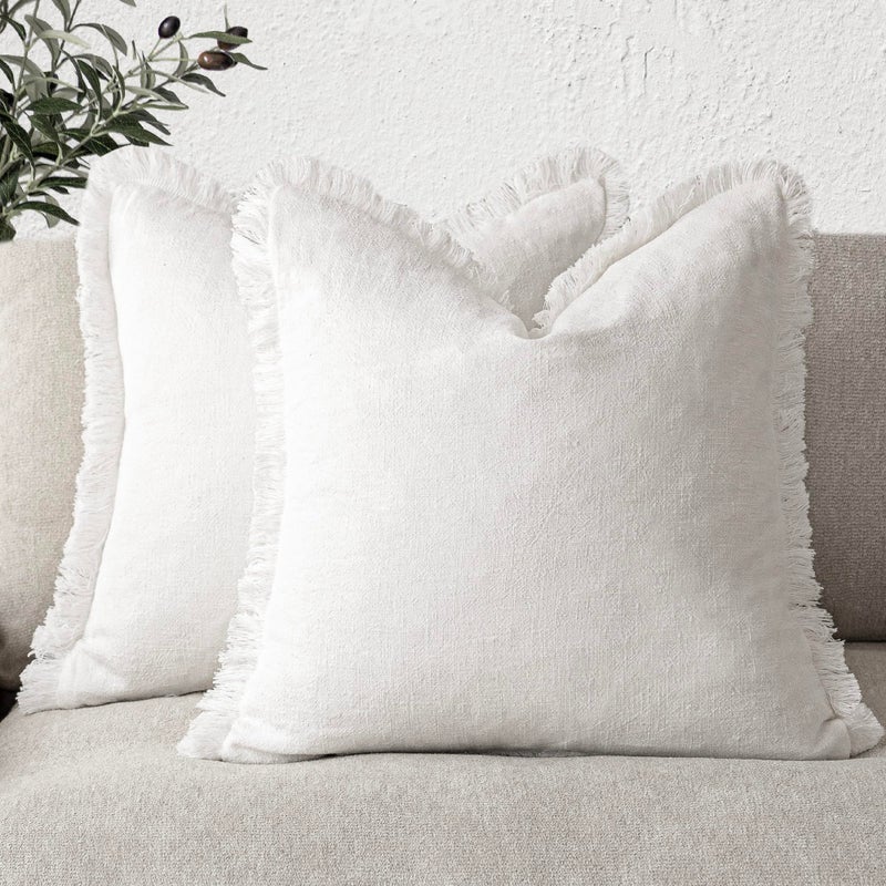Foindtower Foindtower Set of 2 Decorative Linen Fringe Throw Pillow Covers Cozy Boho Farmhouse Cushion Cover with Tassels Soft Accent Pillowcase for Couch Sofa Bed Living Room Home Decor  22?22 Inch  Cream White  - Image 1